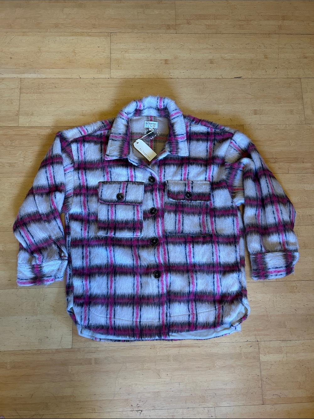 By Together Plaid Shacket in White, Pink & Black